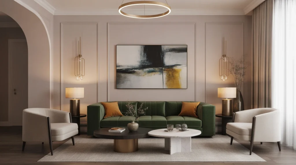 Bold color accents with a deep emerald sofa and mustard pillows in a modern luxury living room