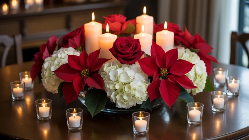 christmas floral centerpiece featuring red roses, poinsettias, and white hydrangeas for elegant table decor.