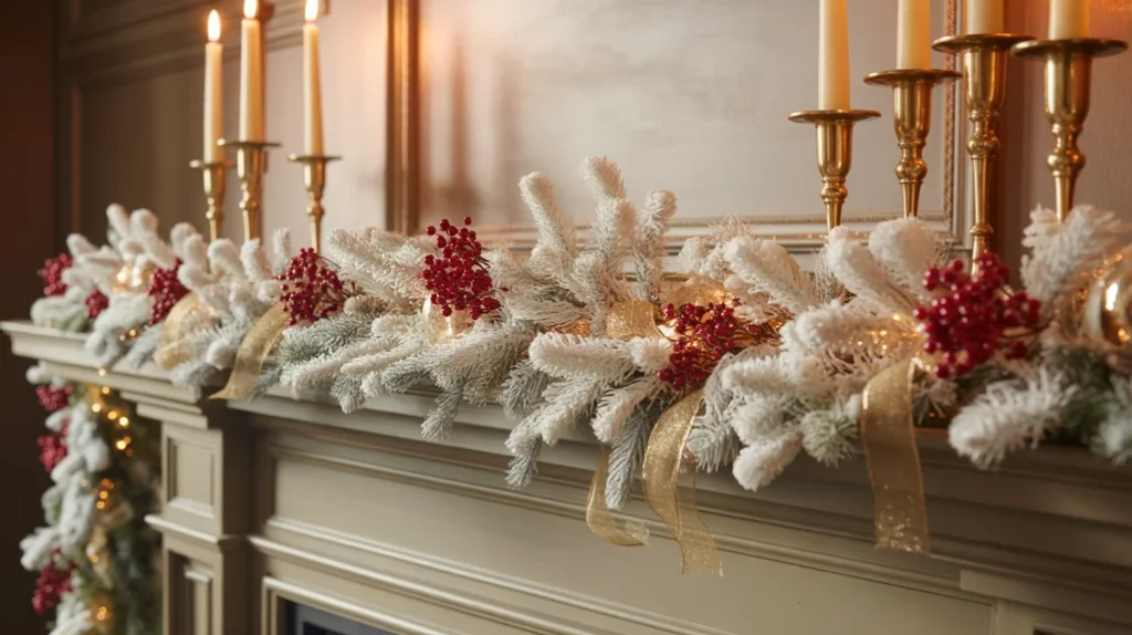 red and white christmas mantel decor with gold accents and glowing candles—part of trending red and white christmas decor ideas 2025.