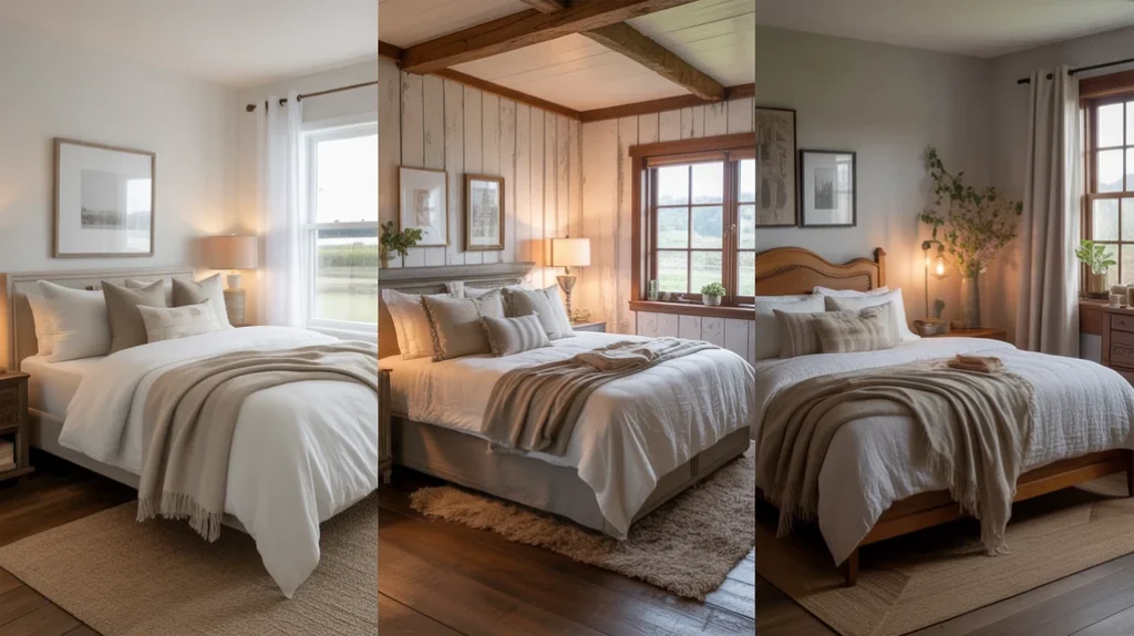 Final farmhouse bedroom styling with rustic lamp, candles, and farmhouse accessories.