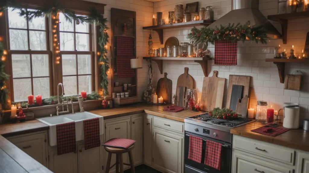 Buffalo plaid farmhouse kitchen decorated for Christmas holidays