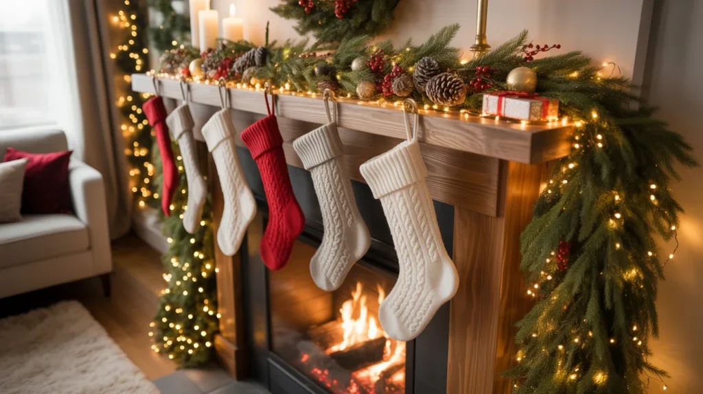 Fireplace mantel decorated with warm fairy lights and garlands for Christmas ambiance