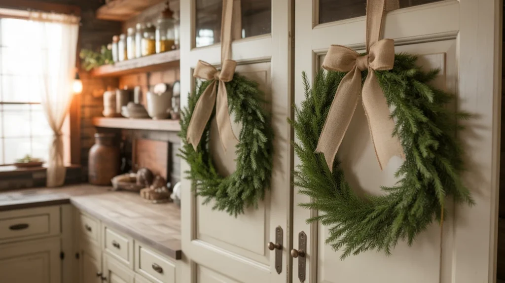 handmade pine wreaths with burlap ribbon hanging on kitchen cabinets in rustic christmas style