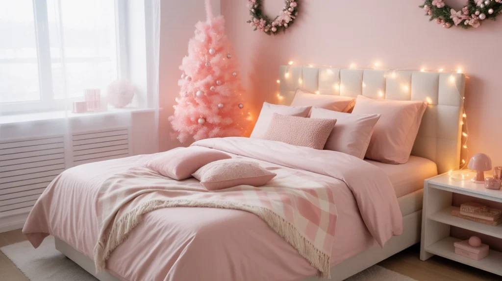Soft pink Christmas bedroom with fairy lights, blush bedding, and a small festive tree beside the bed