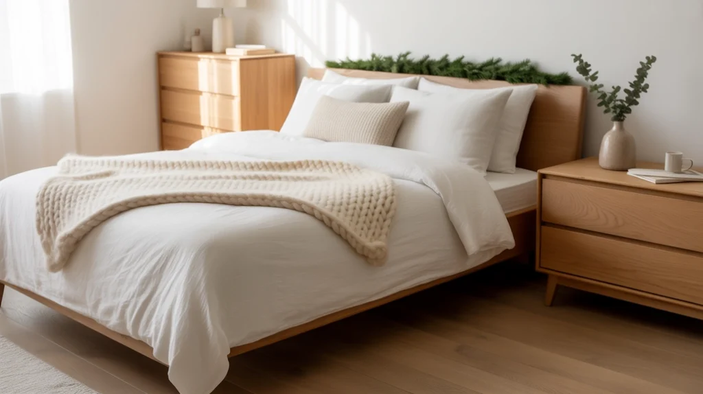 Scandinavian bedroom decorated for Christmas with simple greenery, white bedding, and hygge-inspired warmth