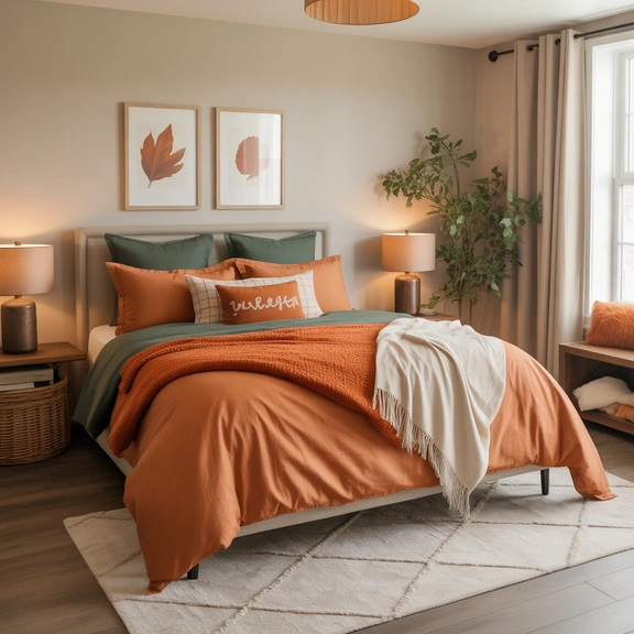 warm autumn bedroom colors fall bedroom decor ideas; cozy fall bedroom with earthy color palette