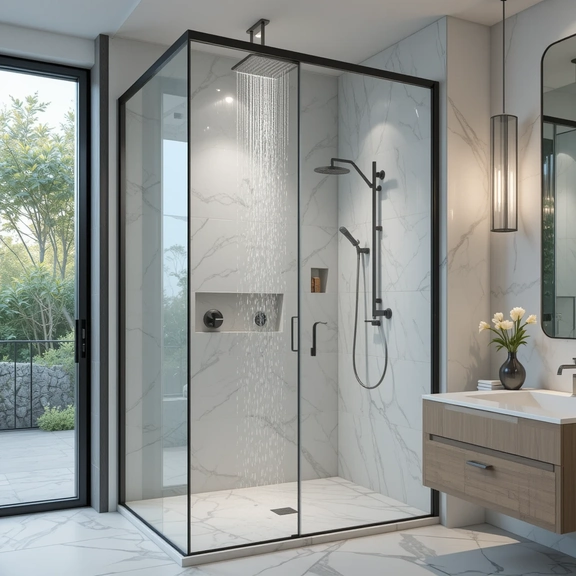 Stylish and functional bathroom ideas with a rainfall shower, marble tiles, and glass enclosure in a modern bathroom.