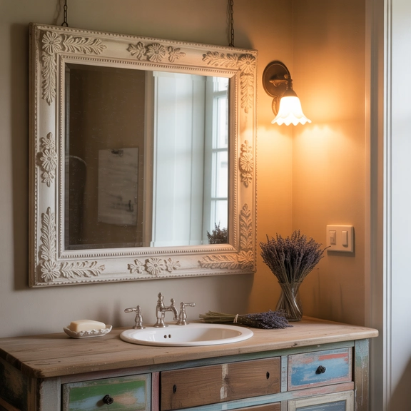 Bathroom with antique-style mirror above vanity, rustic wood accents, warm lighting