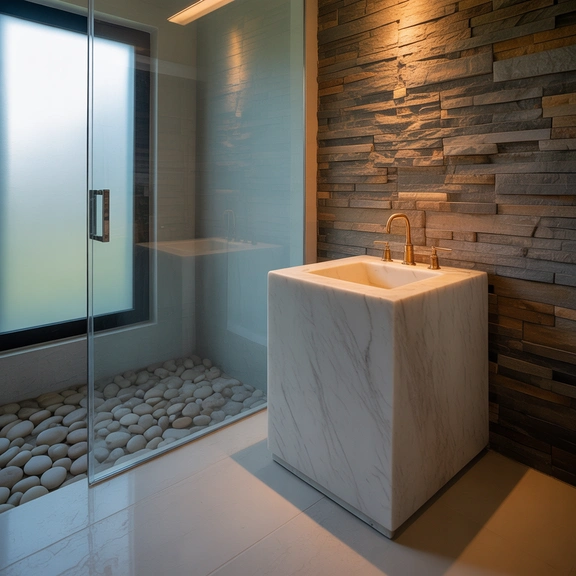 Bathroom with marble vanity, stone accent wall, and pebble shower floor.