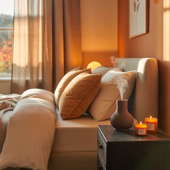 fall bedroom decor with autumn candles; cozy fall bedroom ideas aromatherapy diffuser