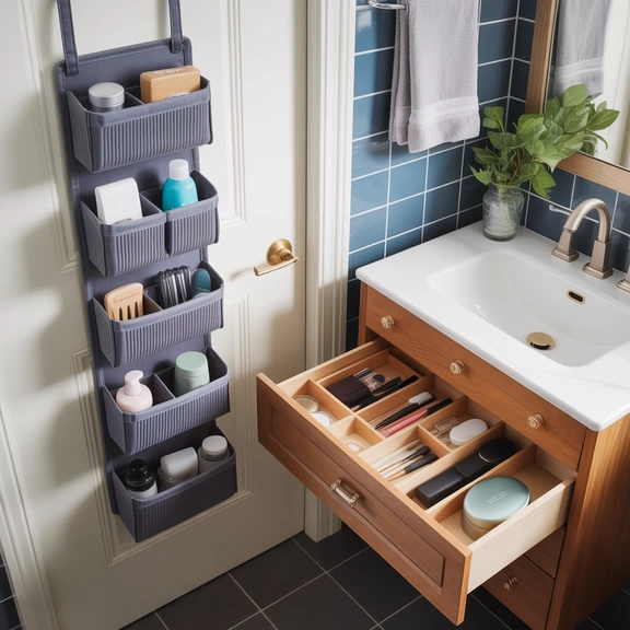 Small bathroom with smart storage solutions. An over-the-door organizer