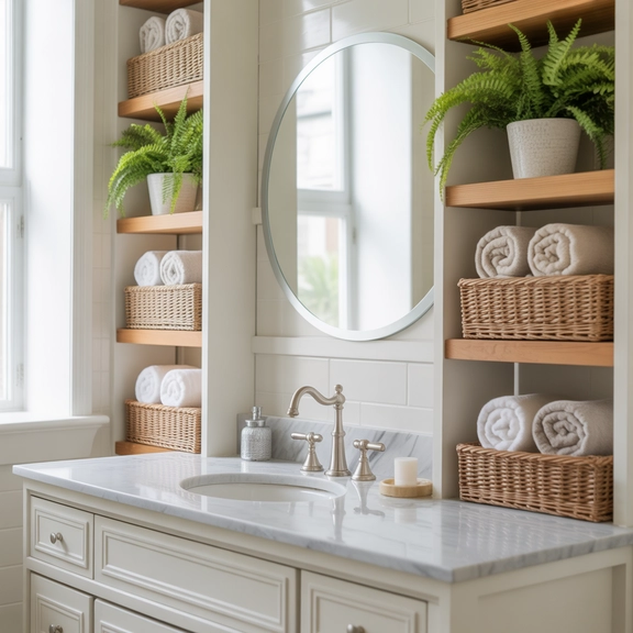 Bathroom with marble vanity, wood shelves, woven baskets, and linen accents