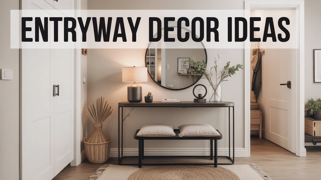 Modern entryway with a console table, round mirror, bench, and stylish decor accents creating a chic and welcoming space.