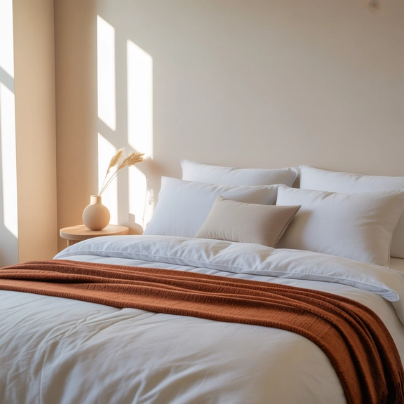 minimalist cozy fall bedroom decor ideas; autumn bedroom ideas neutral tones clean design