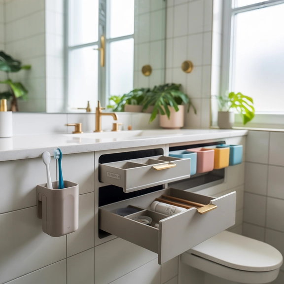 Wall-mounted toothbrush holder in modern bathroom