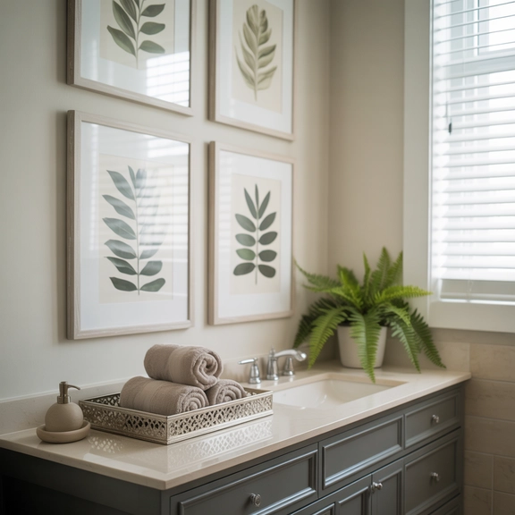 Bathroom with framed wall art, decorative tray on vanity, and cohesive accessories.