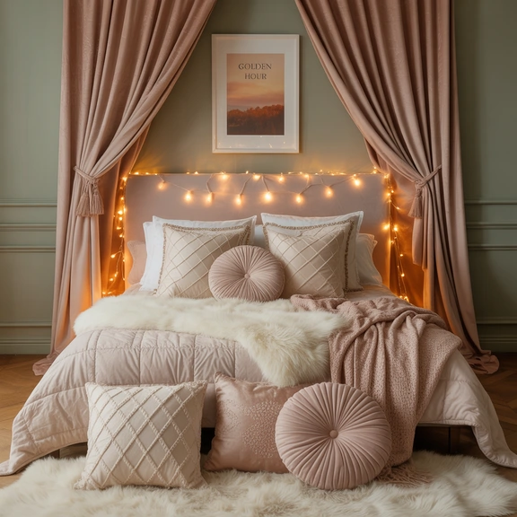  romantic autumn bedroom decor ideas; cozy fall bedroom with fairy lights and soft tones