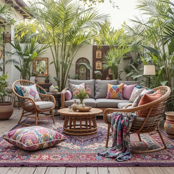patchwork colorful outdoor rug in bohemian patio; multicolor outdoor rug ideas with eclectic seating