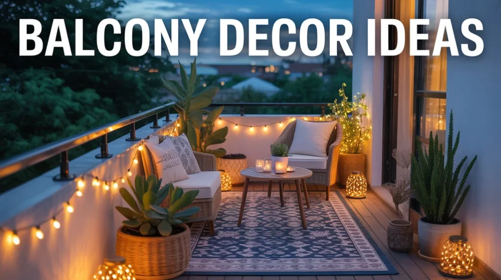 Cozy balcony with outdoor rug, potted plants, fairy lights, and small seating creating a stylish and inviting outdoor retreat.