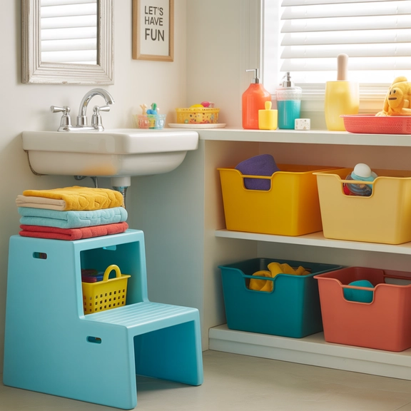 Bathroom with colorful bins for kids’ storage