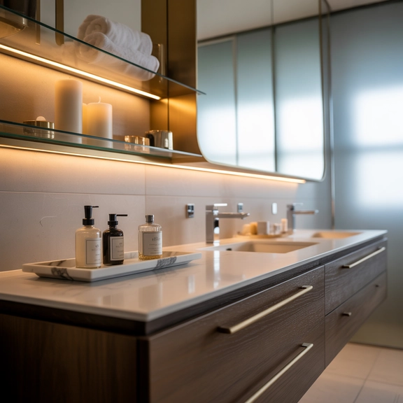Modern bathroom with glass shelves and LED lighting