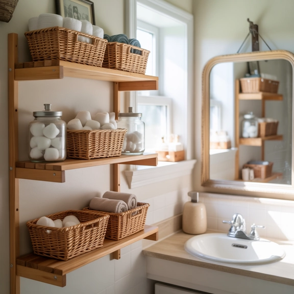 Small bathroom with budget-friendly storage baskets