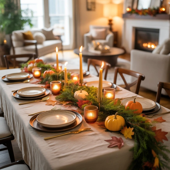 seasonal dining room decor ideas with candles and greenery