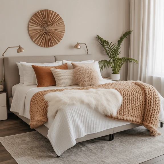 cozy fall bedroom ideas with layered blankets; autumn bedroom decor textured throws and cushions
