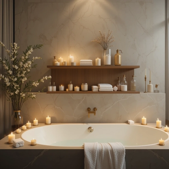 Spa bathroom with candles around a bathtub, dim lighting, and soft white towels_result