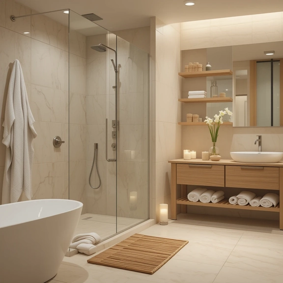 Stylish and functional bathroom ideas with bamboo shelves, rainfall shower, and white towel