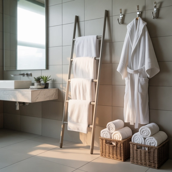 Bathroom storage ideas for towels with ladder rack