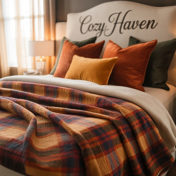 fall bedroom ideas autumn bedding plaid quilt; cozy autumn themed bedroom with flannel sheets