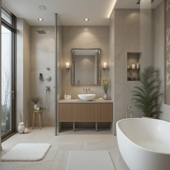 Modern spa bathroom with beige tiles, bamboo vanity, and rainfall shower.