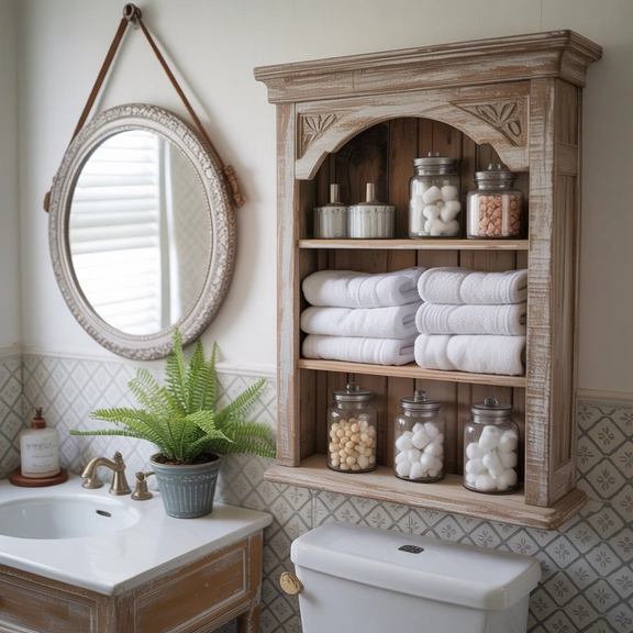 Small bathroom with shelving above toilet