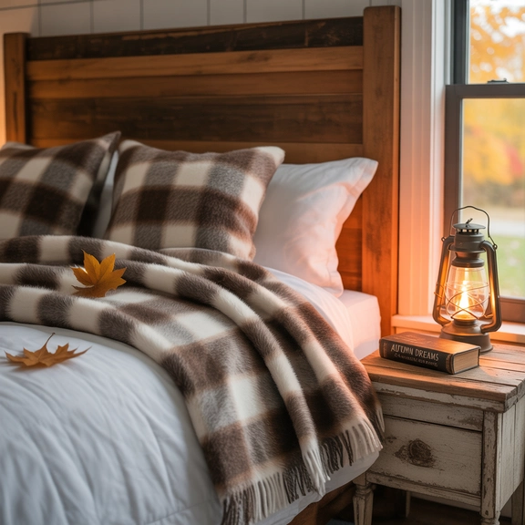 farmhouse fall bedroom decor rustic style; cozy autumn bedroom with wooden furnishings