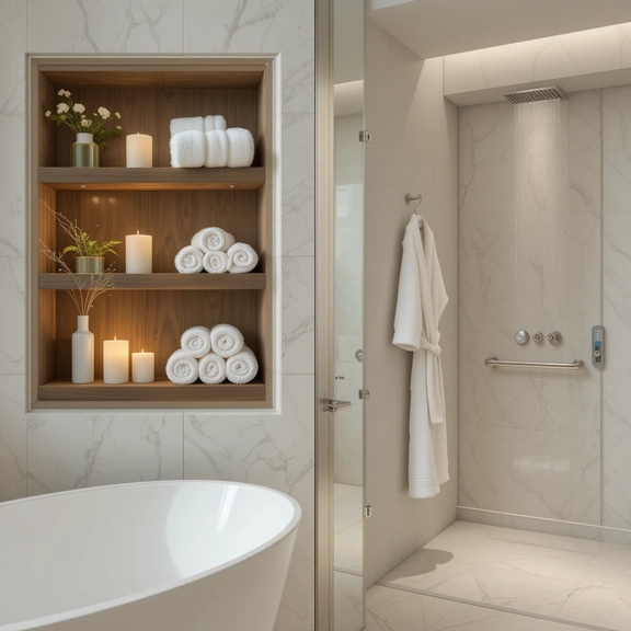 Stylish and functional bathroom ideas with built-in wooden shelves, rolled towels, candles, and rainfall shower.