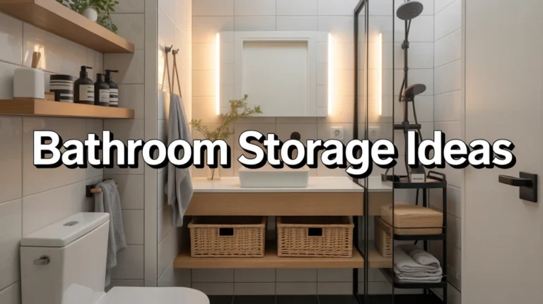Small modern bathroom with floating shelves, wicker baskets, and smart storage solutions for a clutter-free space