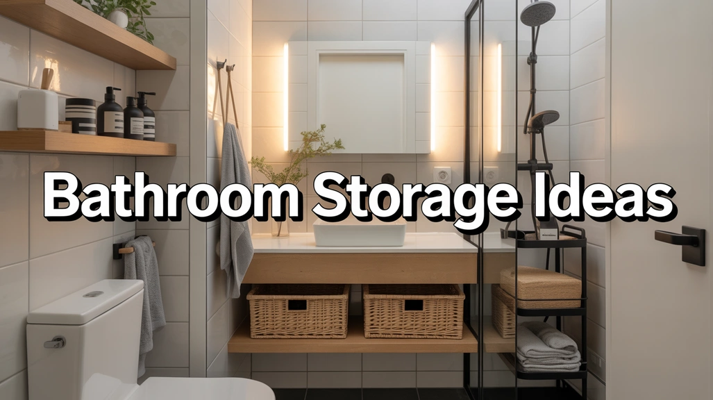 Small modern bathroom with floating shelves, wicker baskets, and smart storage solutions for a clutter-free space