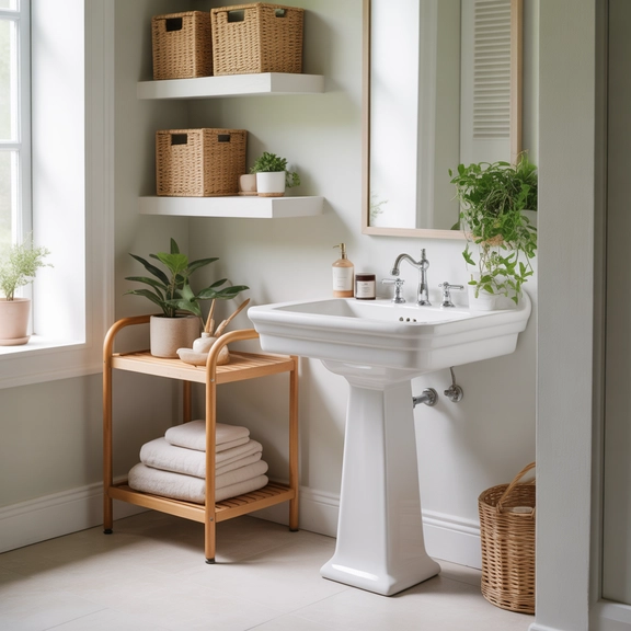 Bathroom storage ideas with pedestal sink and slim cart