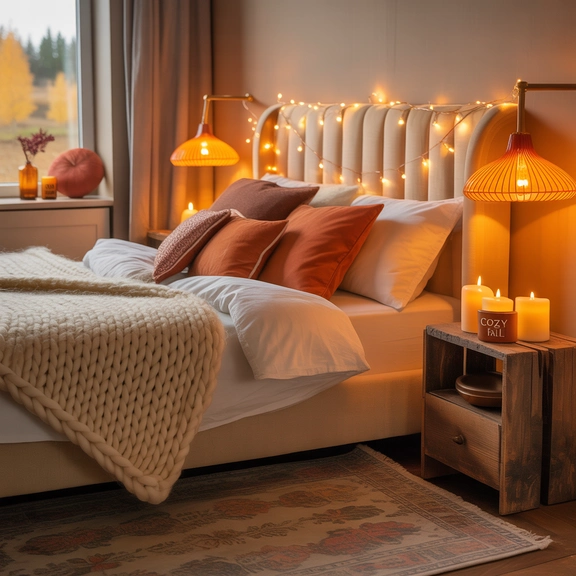 cozy fall bedroom lighting string lights; autumn bedroom decor with candles and soft lamps