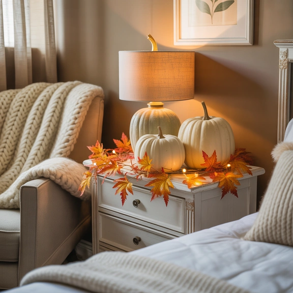 fall bedroom decor pumpkins and gourds; cozy fall bedroom ideas with seasonal accents
