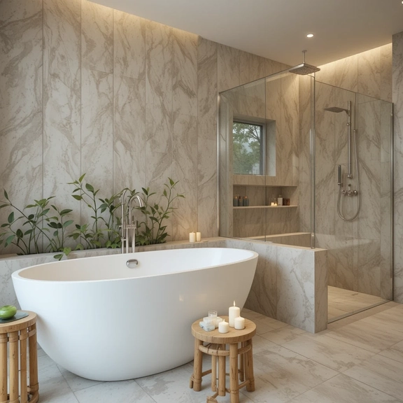 Spa bathroom design with freestanding bathtub, glass shower enclosure, and soft candle lighting