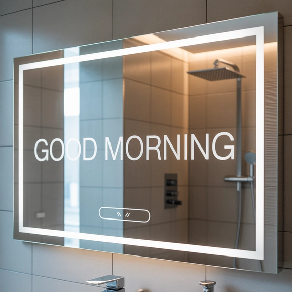 High-tech smart bathroom mirror with built-in LED lights and touchscreen