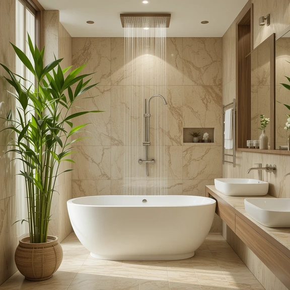 Stylish and functional bathroom ideas with rainfall shower, freestanding tub, bamboo plant, and marble walls