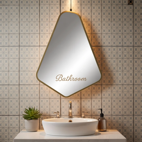 Bathroom with uniquely shaped hexagon mirror above sink, modern design with patterned tiles.