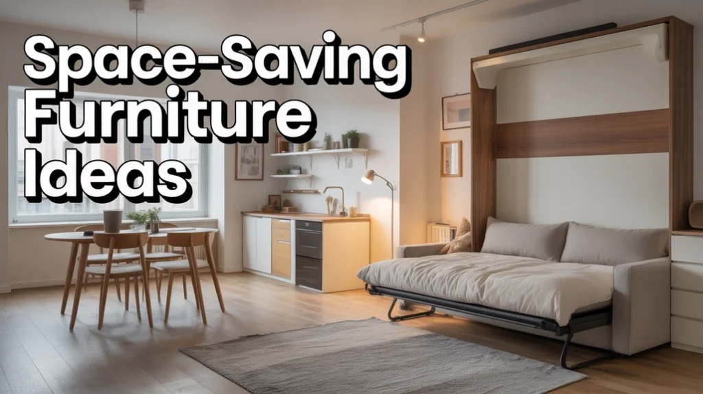 Small modern apartment with space-saving furniture including a sofa bed, Murphy bed, and foldable dining table in a cozy minimalist design.