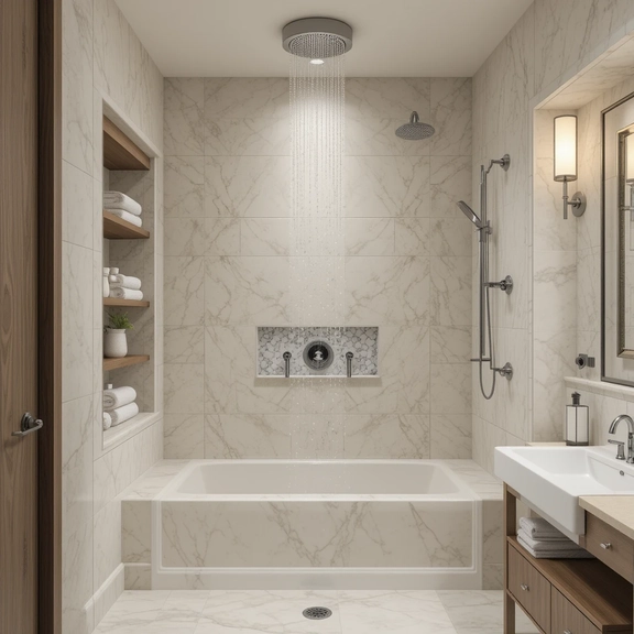 Spa-inspired bathroom featuring rainfall shower and built-in hidden storage shelve