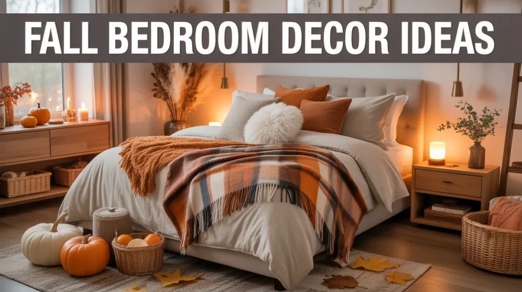 Cozy fall bedroom with layered blankets, plaid throws, warm earthy colors, and seasonal autumn decor accents for a relaxing retreat.