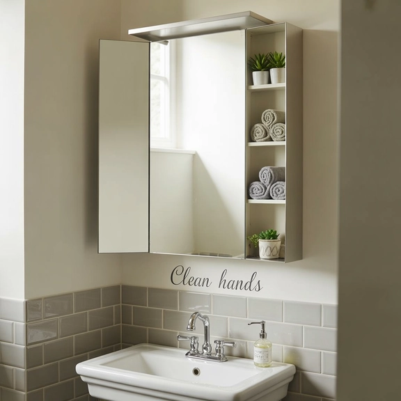 small bathroom with mirror cabinet above sink, hidden shelves inside, minimalist décor.