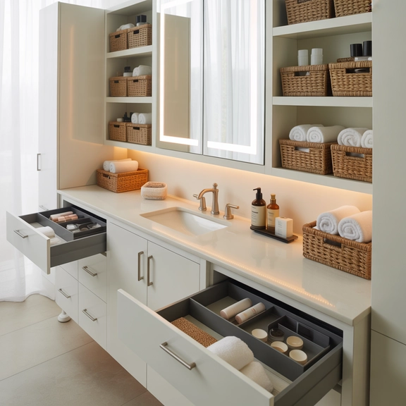 Small bathroom storage ides with baskets for toiletries storage